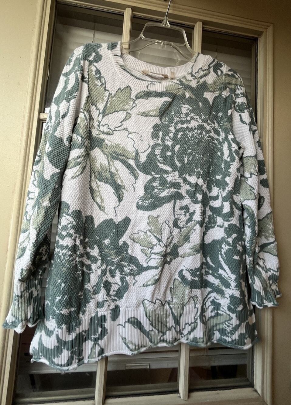 Soft Surroundings Marin Waffleknit Sweater Womens L Green Floral Artsy Coastal